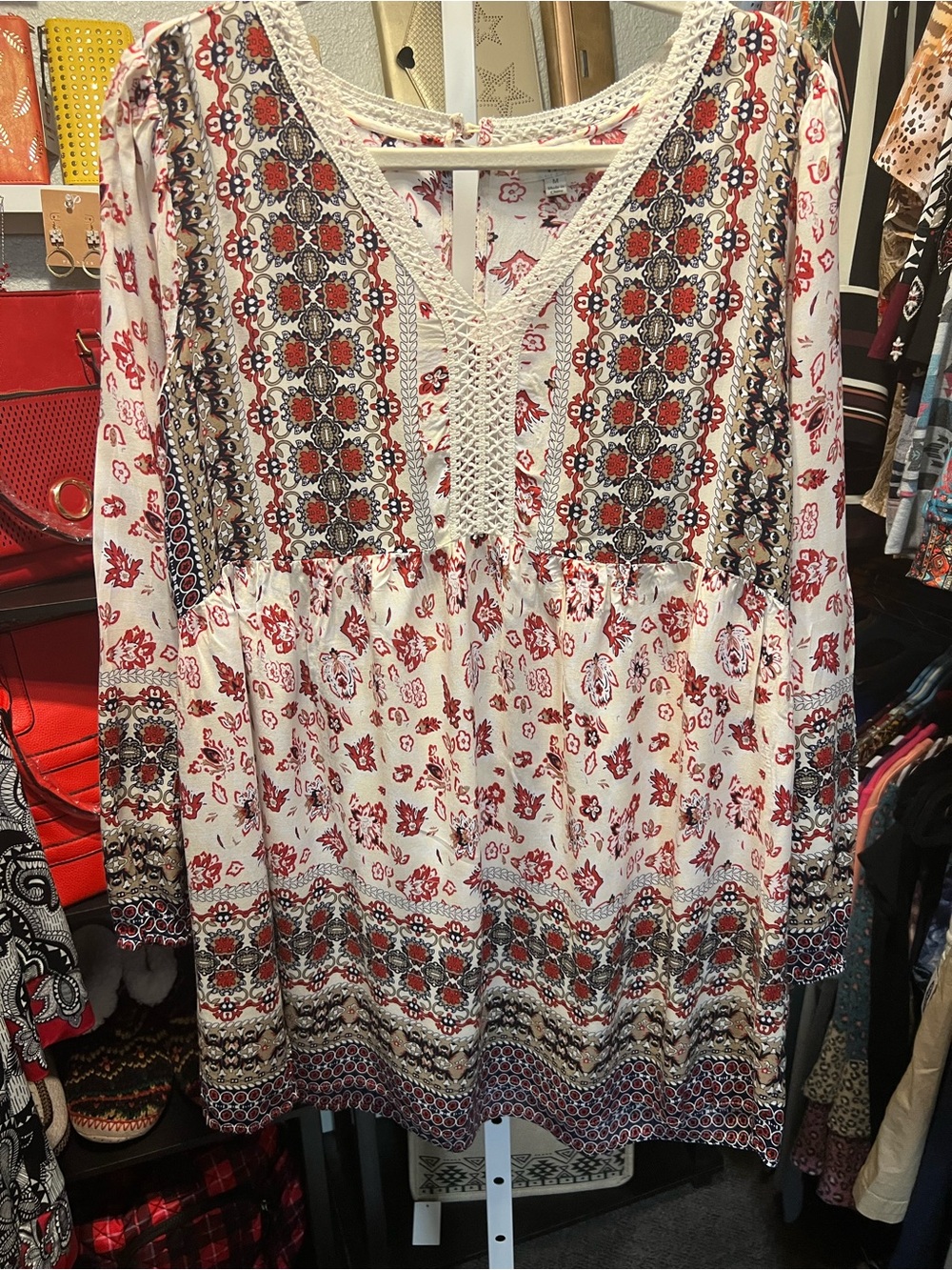 Umgee Cream Tunic with Red and Brown Folk Print